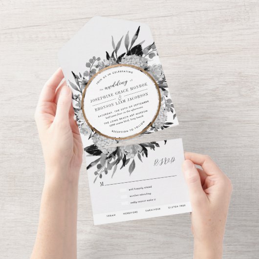 Invitation Tout En Un Mariage Floral à l'Aquarelle Noir et Blanc (Déchirure)