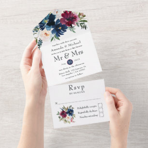 Invitation Tout En Un Mariage floral aquarelle Bordo et marine