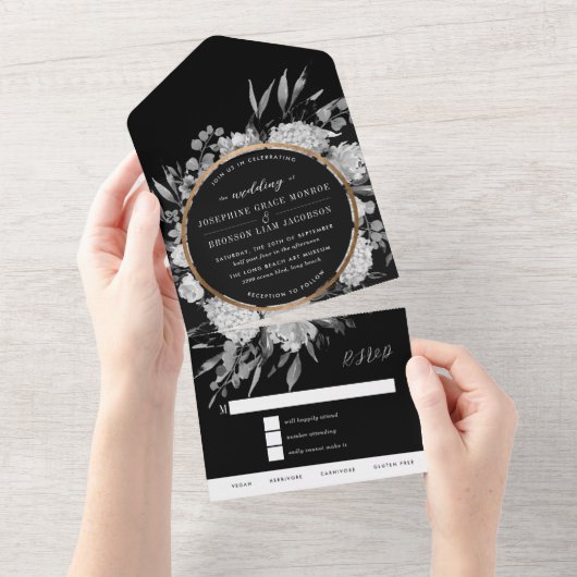Invitation Tout En Un Mariage Floral Aquarelle Noir et Blanc (Déchirure)