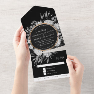 Invitation Tout En Un Mariage Floral Aquarelle Noir et Blanc
