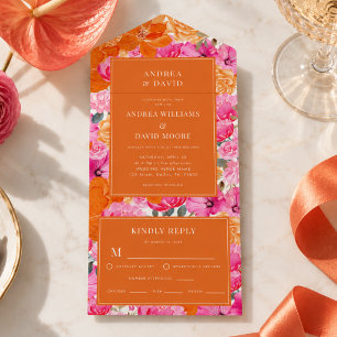 Invitation Tout En Un Mariage Floral Aquarelle Rose et Orange Vibrant