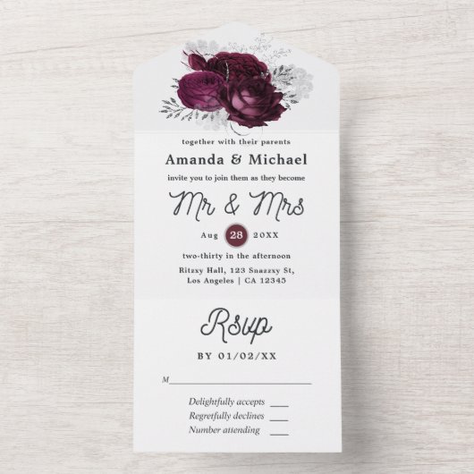 Invitation Tout En Un Mariage floral argent et Bourgogne (À l'intérieur)
