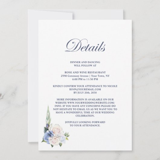 Invitation Tout en un Mariage Floral Blanc Bleu (Dos)