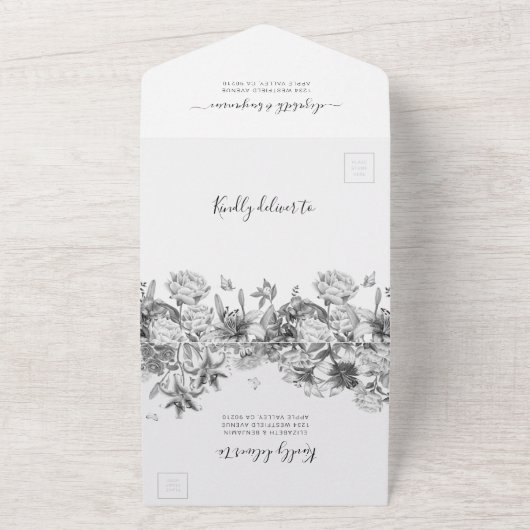 Invitation Tout En Un Mariage Floral Blanc Noir Tout En Un (Dehors)