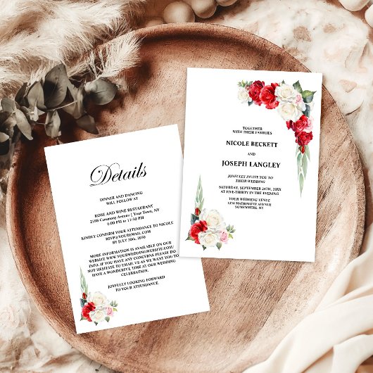 Invitation Tout en un Mariage Floral Blanc Rouge