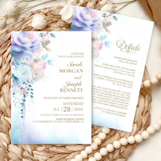 Invitation Tout en un Mariage Floral bleu