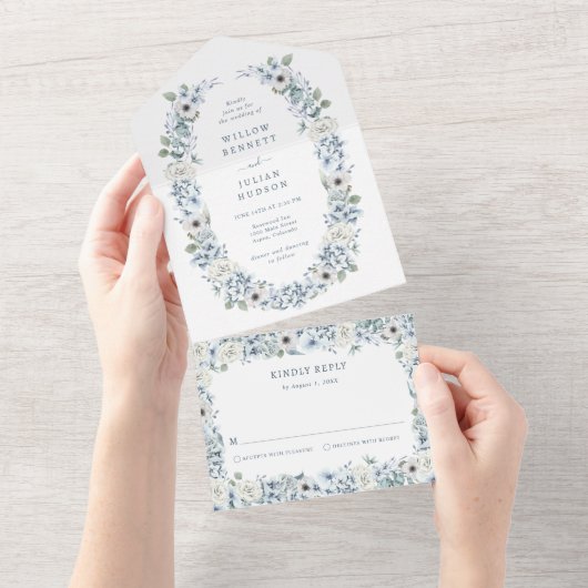 Invitation Tout En Un Mariage Floral Bleu (Déchirure)