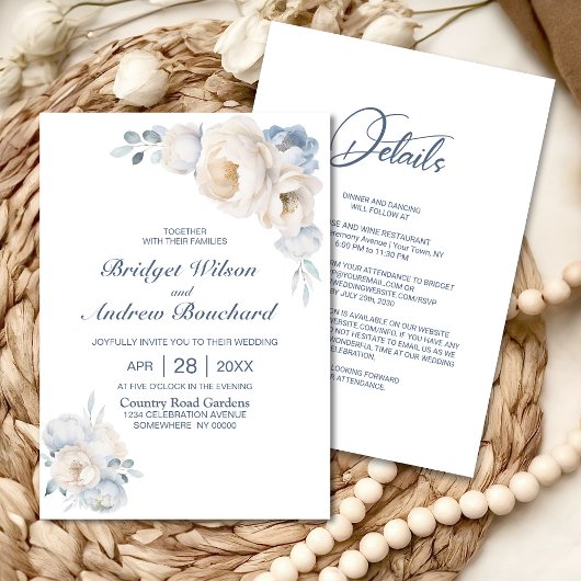 Invitation Tout en un Mariage floral bleu blanc Dusty