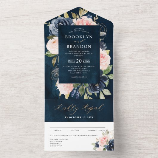Invitation Tout En Un Mariage floral bleu bleu bleu roux rose (À l'intérieur)
