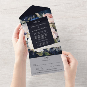 Invitation Tout En Un Mariage floral bleu bleu bleu roux rose