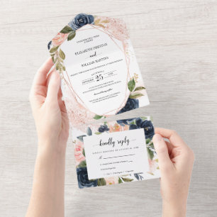Invitation Tout En Un Mariage floral bleu bleu marine avec RSVP