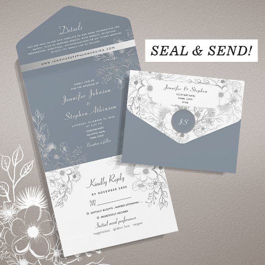 Invitation Tout En Un Mariage floral bleu d'hiver