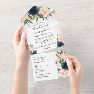 Invitation Tout En Un Mariage floral bleu et rose pâle de la marine d'Hy