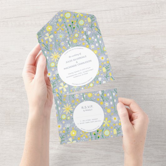 Invitation Tout En Un Mariage Floral bleu jaune moderne (Déchirure)