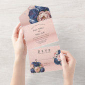 Invitation Tout En Un Mariage floral bleu marine et Rose or (Déchirure)