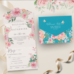 Invitation Tout En Un Mariage floral bleu roux rose et brun