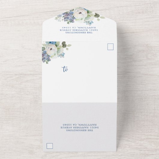 Invitation Tout En Un Mariage floral bleu rustique (Dehors)