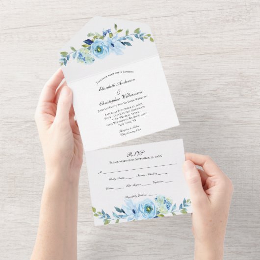 Invitation Tout En Un Mariage Floral Bleu Tout en un (Déchirure)