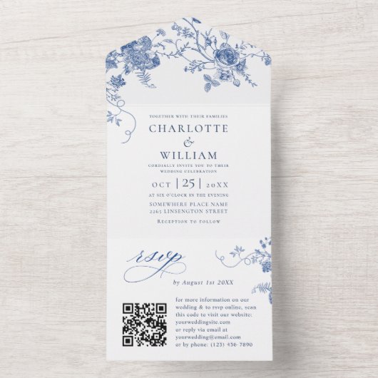 Invitation Tout En Un Mariage Floral Bleu Victorien Élégant Français (À l'intérieur)