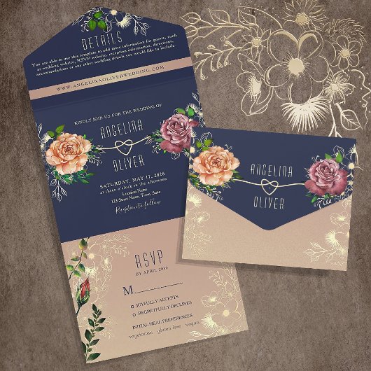 Invitation Tout En Un Mariage Floral Blush Rustic Navy