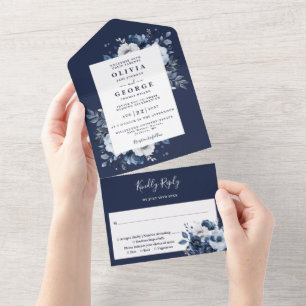 Invitation Tout En Un Mariage Floral Bohème Élégant Bleu Marine