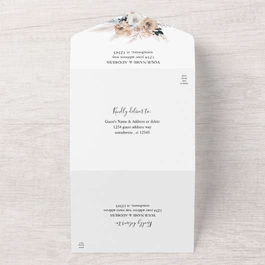 Invitation Tout En Un Mariage Floral Boho Bleu & Beige (Dehors)