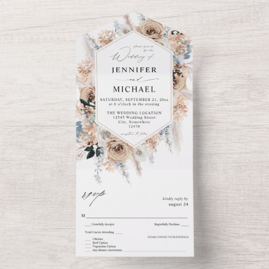 Invitation Tout En Un Mariage Floral Boho Bleu & Beige (À l'intérieur)