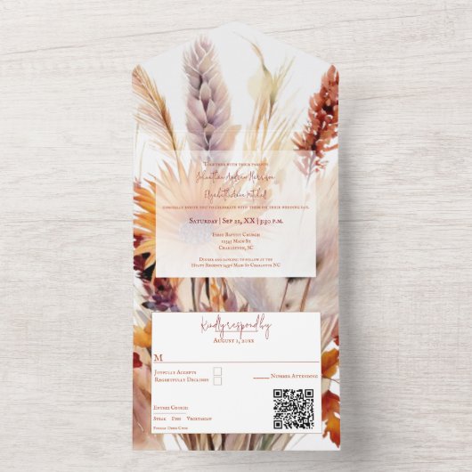 Invitation Tout En Un Mariage floral Boho d'automne | Blanc (À l'intérieur)