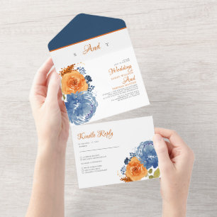 Invitation Tout En Un Mariage Floral Boho de la marine bleu orange