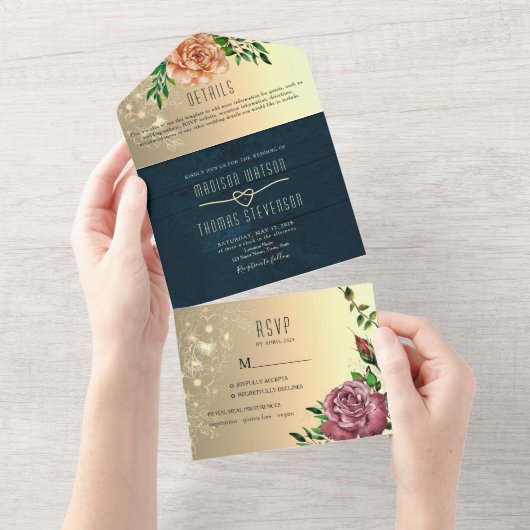 Invitation Tout En Un Mariage Floral Bois Rustique Tout en un (Déchirure)