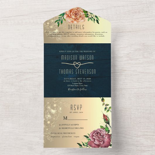 Invitation Tout En Un Mariage Floral Bois Rustique Tout en un (À l'intérieur)