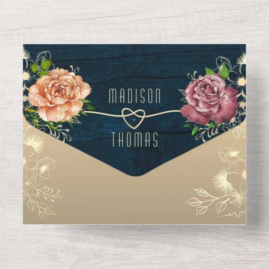 Invitation Tout En Un Mariage Floral Bois Rustique Tout en un (Verso)