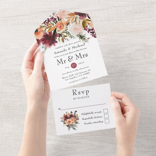 Invitation Tout En Un Mariage floral Bordo Peach (Déchirure)