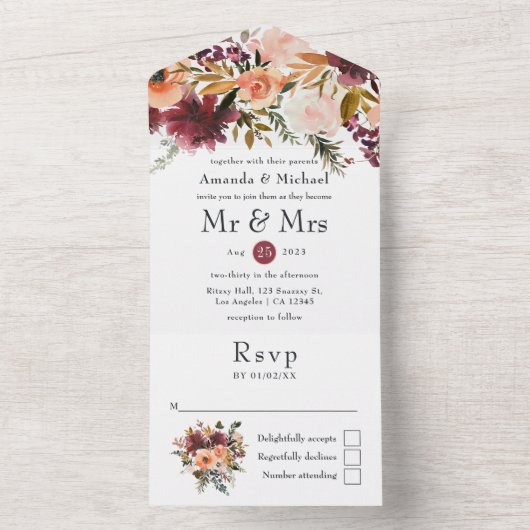 Invitation Tout En Un Mariage floral Bordo Peach (À l'intérieur)