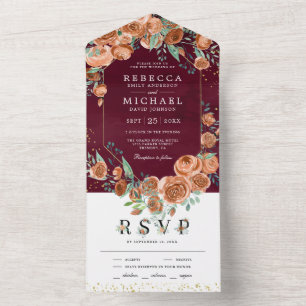 Invitation Tout En Un Mariage Floral Bourgogne Orange Brûlé Terrien