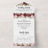 Invitation Tout En Un Mariage Floral Bourgogne Rougeuse (À l'intérieur)
