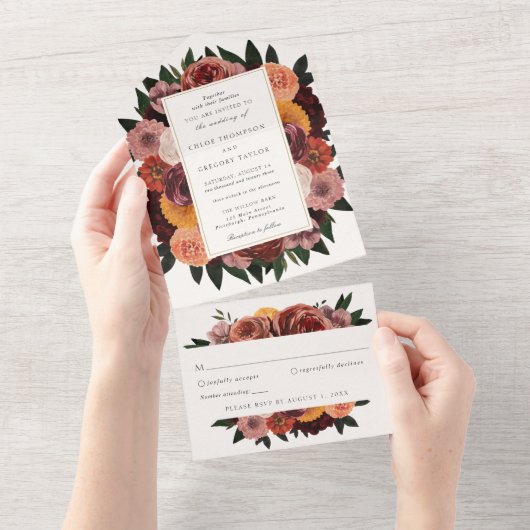 Invitation Tout En Un Mariage Floral Bourguignon d'Automne (Déchirure)