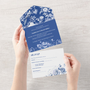 Invitation Tout En Un Mariage Floral Chinoiserie Bleu et Blanc Antique