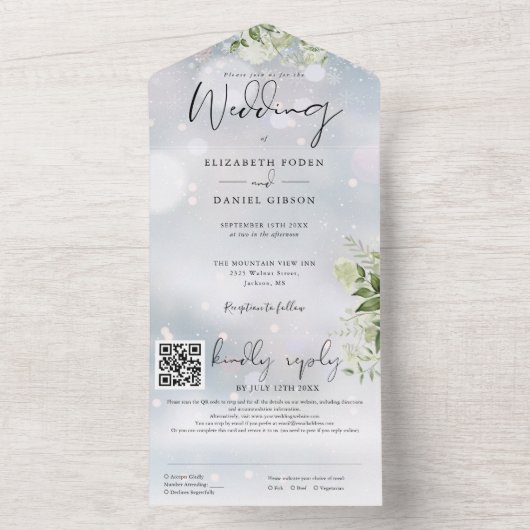 Invitation Tout En Un Mariage Floral Code QR de Verdure d'Hiver (À l'intérieur)