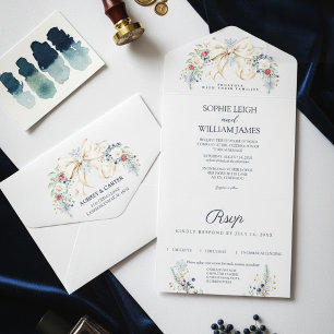 Invitation Tout En Un Mariage Floral Crème d'Hiver Ruban Poussiéreux Ble