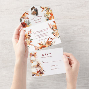 Invitation Tout En Un Mariage floral d'automne de Bourgogne et d'Orange
