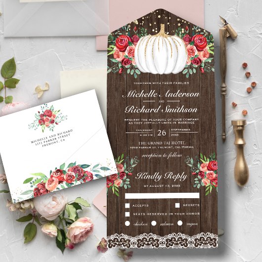 Invitation Tout En Un Mariage Floral de Bourgogne Citrouille Blanche et