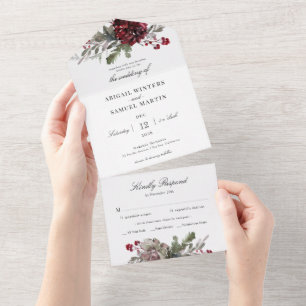 Invitation Tout En Un Mariage Floral de Noël à l'aquarelle avec feuillag
