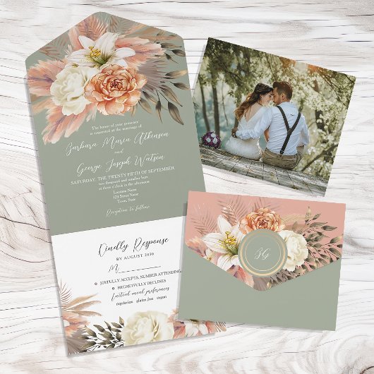 Invitation Tout En Un Mariage floral de Pêche verte Sage