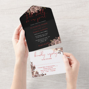 Invitation Tout En Un Mariage floral de roses gothiques noir et rouge