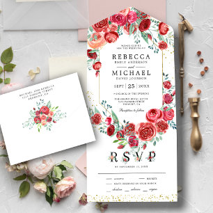 Invitation Tout En Un Mariage Floral de Roses Rouges Modernes
