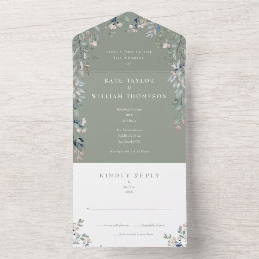 Invitation Tout En Un Mariage Floral de Sauge Verte (À l'intérieur)