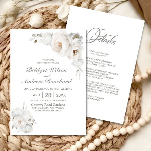 Invitation Tout en un Mariage Floral d'hiver blanc