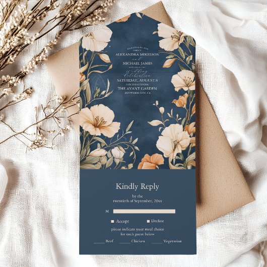 Invitation Tout En Un Mariage floral d'ivoire Elégant bleu marine