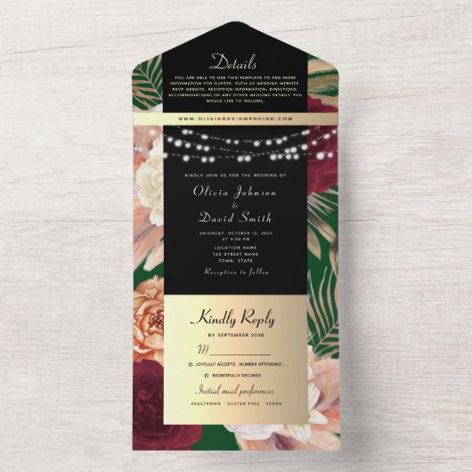 Invitation Tout En Un Mariage Floral d'or noir (À l'intérieur)